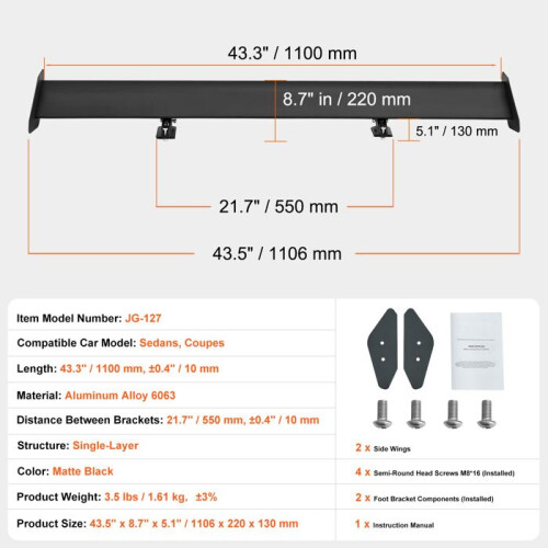 Aileron de Carro 43,3 polegadas-Duoku-Ala Traseira Universal Ajustável em Alumínio-para Corrida BGW/JDM Drift-Design Preto Elegante 1