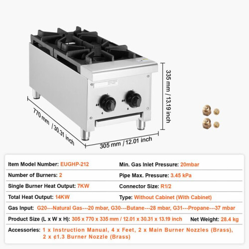 Gasherd - DUOKU - EUGHP-212 - 2 Brenner - 14 KW - Edelstahl 1