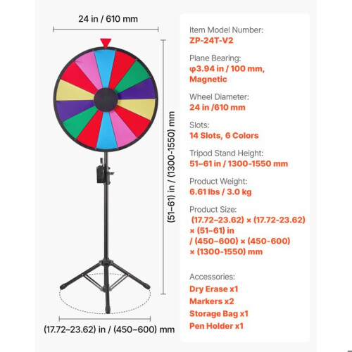 Roue de Loterie - DUOKU - 610 mm - 14 Sections - Trépied Réglable - Surface Effaçable à Sec 1
