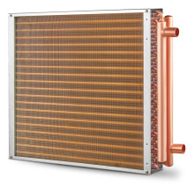 Intercambiador de Calor agua a Aire-Duoku-20" x 20"-3 Filas 3/8" Puertos de Cobre-242 Aletas de Aluminio.