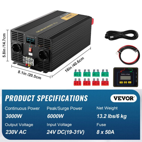 Convertitore Auto - DUOKU - TP-3000W - 3000 W - Inverter Sinusoidale - 4 Prese EU 1