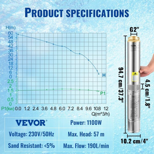 Pompe Submersible - DUOKU - 4SDM8/9 - 1100W - 190L/min - Acier Inoxydable 1