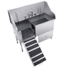 Baignoire de Chien Acier Inoxydable-Duoku-155 cm-Baignoire de Toilettageavec Rampe, Panneau Filtre à Eau, Robinet-Gauche