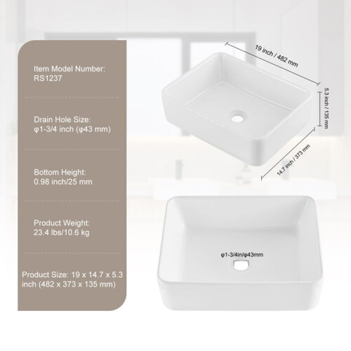 Lavabo - DUOKU - Rectangular - Cerámica Blanca - 19" x 14,7" - Estilo Moderno 1