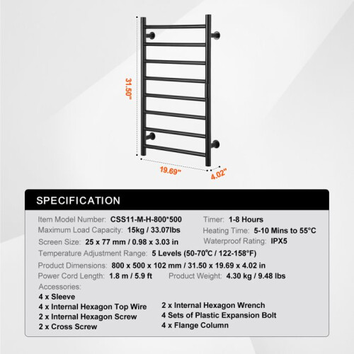 Scaldasalviette - DUOKU - Montaggio a muro - IPX5 - Timer programmabile - 8 barre 1