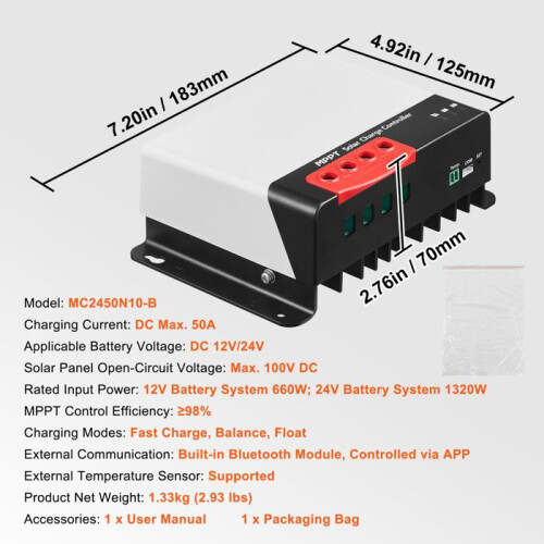 MPPT-Solar-Laderegler - DUOKU - MC2450N10-B - 50 A - 12/24 V automatisch - Eingebautes Bluetooth 1