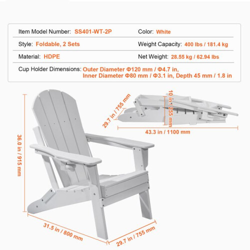 Adirondack Stoel - DUOKU - Set van 2 - Vouwbaar - Met bekerhouder - Wit 1