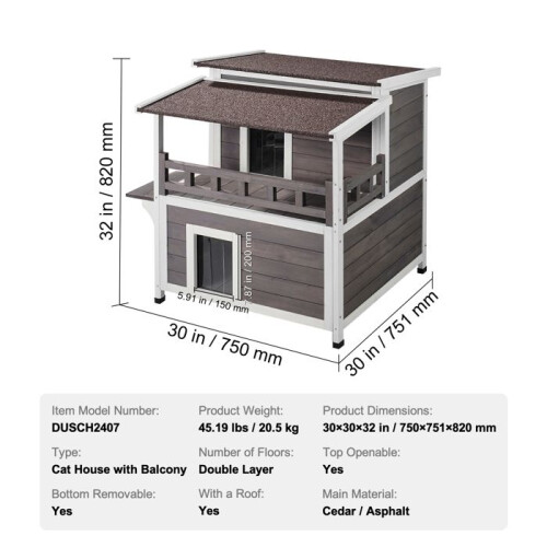Casa per Gatti da Esterno - DUOKU - DUSCH2407 - Resistente alle Intemperie - 2 Piani - Con Balcone 1