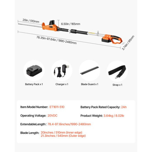 Taille-haie Électrique - DUOKU - Perche Extensible - 20 V - Lame 510 mm - 5 Angles Réglables 1