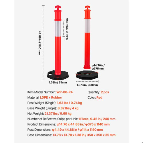 Postes de sinalização - DUOKU - WP-06-R4 - 114 cm - Base pesada - Faixas refletivas 1