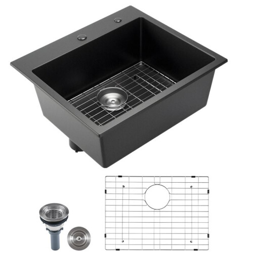 Küchenspüle - DUOKU - Aufstellmodell - 63,5 cm - Schwarzer Granit - 1 Einzelbecken