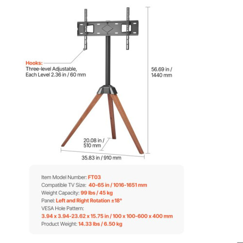 Suporte para TV Trépied - DUOKU - FT03 - Compatível 40-65 polegadas - Capacidade 45 kg - Madeira maciça 1