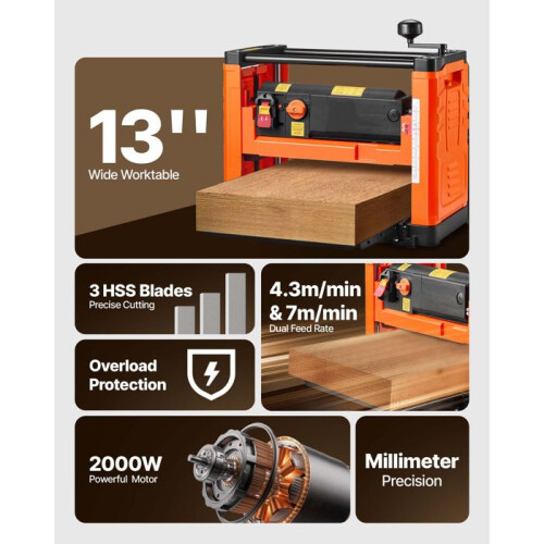 Raboteuse électrique - DUOKU - M1B-LS-3305 - Table 33 cm - 2000 W - Double rouleau, 2 vitesses 2