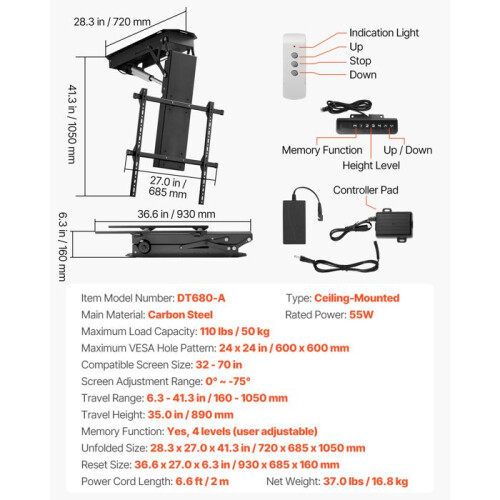 Suporte de Teto Motorizado - DUOKU - DT680 - 32 a 70 polegadas - VESA 24x24 - Capacidade 110 lb 1