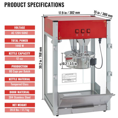Machine à Pop-corn - DUOKU - NP16T - 1440 W - 12 oz - Rouge 1