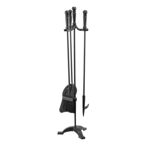 Accessori per camino - DUOKU - Set da 4 pezzi - Supporto a tre bracci - Paletta per cenere - Spazzola nera