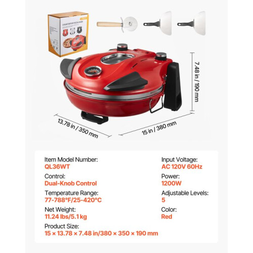Pizzaoven - DUOKU - Model QL36WT - 1200 W - 5 Temperatuurinstellingen - Rood 1