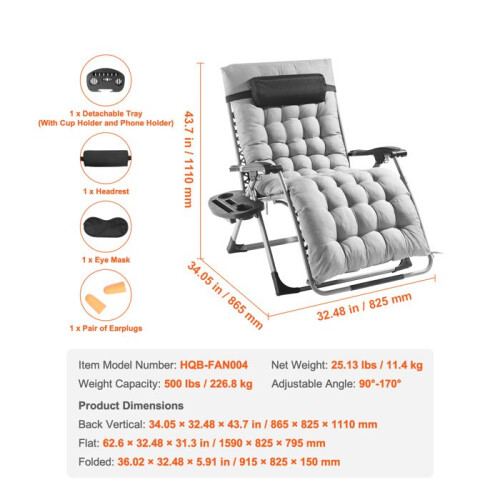 Chaise Zero Gravity - DUOKU - HQB-FAN004 - Grise - Réglable - Supporte 226 kg 1