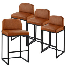 Bancos de Bar - DUOKU - Conjunto de 4 - Couro PU - Altura 680 mm - Encosto Almofadado - Metal Marrom