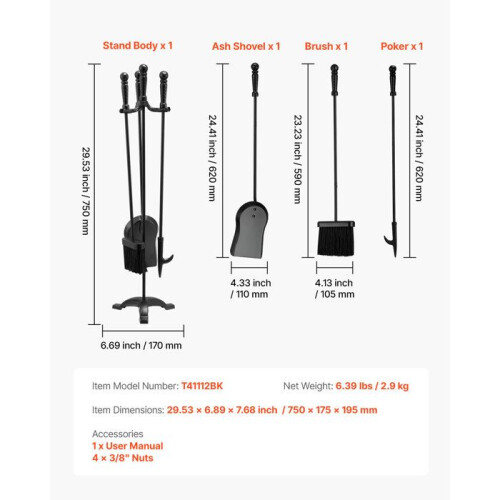 Accessori per camino - DUOKU - Set da 4 pezzi - Supporto a tre bracci - Paletta per cenere - Spazzola nera 1