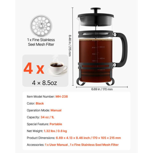 Cafetière à Piston - DUOKU - MH-238 - Borosilicaatglas - 1 L - RVS Filter 1