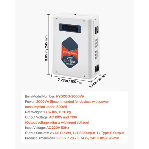 Transformador de Voltaje - DUOKU - HYDXOG-2000VA - 2000 VA - 2 Tomas Americanas - Puerto USB 1