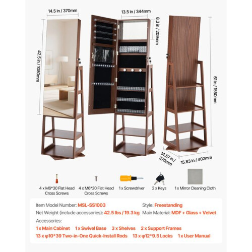 Armadio per Gioielli - DUOKU - MSL-SS1003 - Pivotante 360 - Specchio a Lunghezza Completa - MDF e Vetro 1