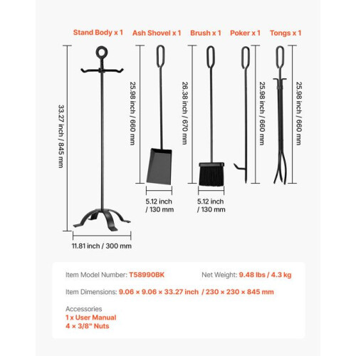 Accessoires de Cheminée - DUOKU - Ensemble 5 Pièces - Fer Forgé - Support à Quatre Branches - Noir 1