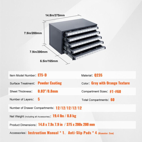 Armoire Distributrice - DUOKU - ET5-D - 60 Compartiments - 5 Tiroirs - Acier Q235 1