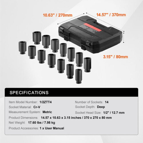 Impact Socket Set-Duoku-for Axle Nut-Drive 1/2"-Depth 6 + 12 Points-14 Pieces-Socket Set 1