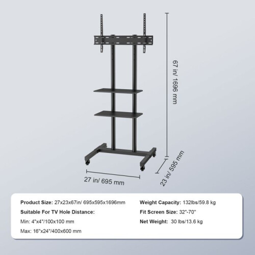 Suporte de TV Móvel - DUOKU - Altura Ajustável - Para Televisores de 32-70 polegadas - Capacidade de 59,8 kg - Com Rodas 1