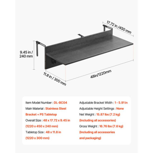 Table Suspendue - DUOKU - Modèle DL-BC04 - Pliable - Inox - 122 x 45 cm 1