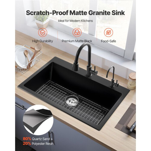 Küchenspüle - DUOKU - Modell 8456-T - Schwarzer Granit - 1 Becken - Einbaustil 2