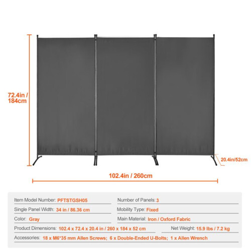 Scheidingselement - DUOKU - Vouwscherm - 3 Panelen - Grijs - Binnen 1