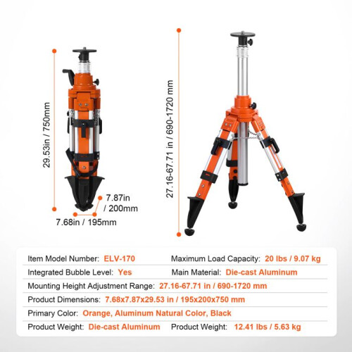 Tripé de nível a laser - DUOKU - ELV-170 - Suporte roscado 5/8"-11 - Altura ajustável 690-1720 mm - Alumínio fundido 1