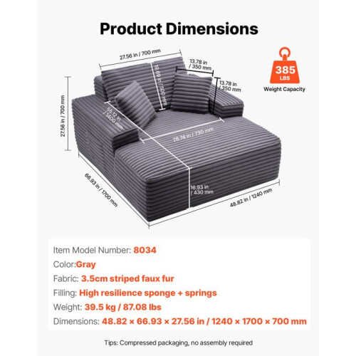 Chaise Longue - DUOKU - Model 8034 - Ergonomisch - Zachte nepbont - Grijs 1