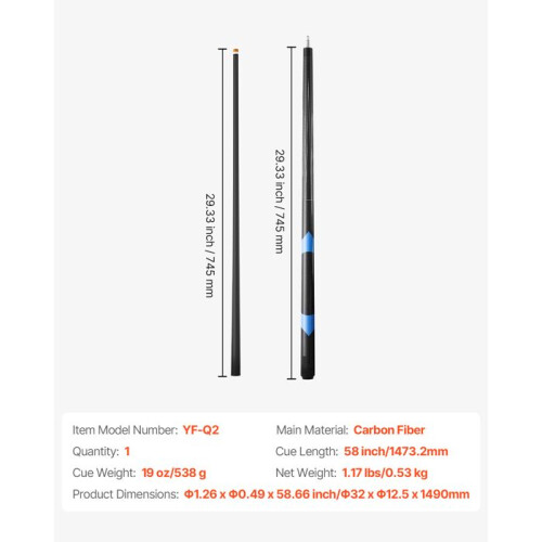 Billardqueue - DUOKU - 1 Stück - Kohlefaser - 1473,2 mm - Spitze aus Bakelit 1