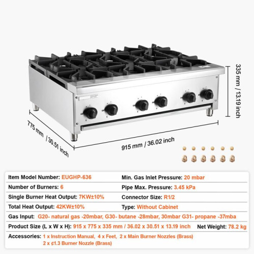 Gasherd - DUOKU - EUGHP-636 - 6 Brenner - 42 kW - Edelstahl 1