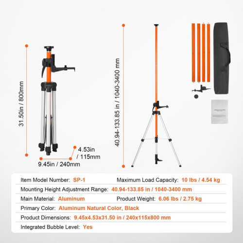Tripé - DUOKU - SP-1 - Altura ajustável 1040–3400 mm - Roscas 1/4"-20 &amp; 5/8"-11 - Alumínio leve 1