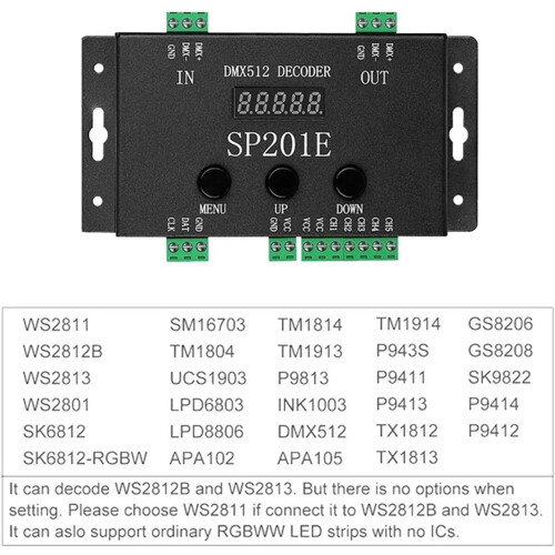 SP201E DMX512 LED Decoder 524V DC to SPI Pixel Controller 1024 Pixels 5Channel PWM Dimmer 2