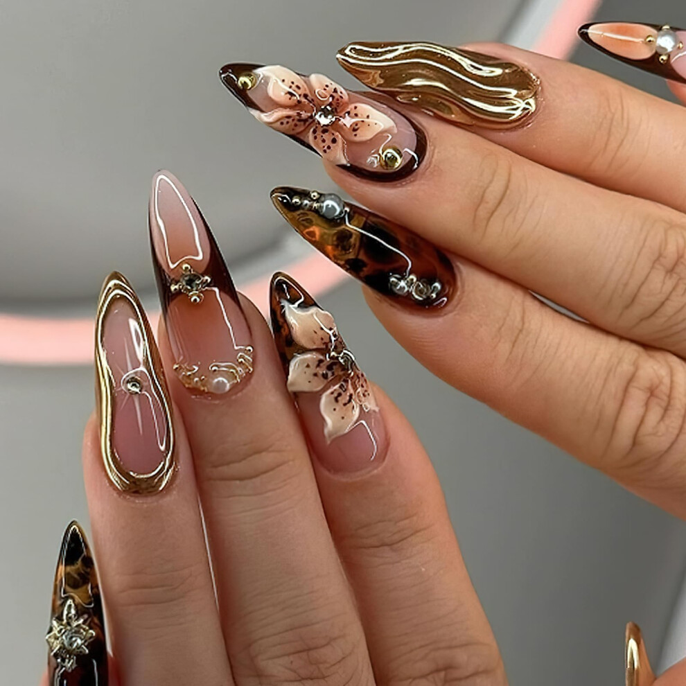Brown Almond Press On Nails With Rhinestones 3D Flower Design Fake Nails Glossy Reusable 24Pcs