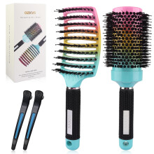 Boar Bristle Hair Brush Set for Fine and Thick Hair, Round and Paddle Brushes with Clips for Blow Drying and Styling