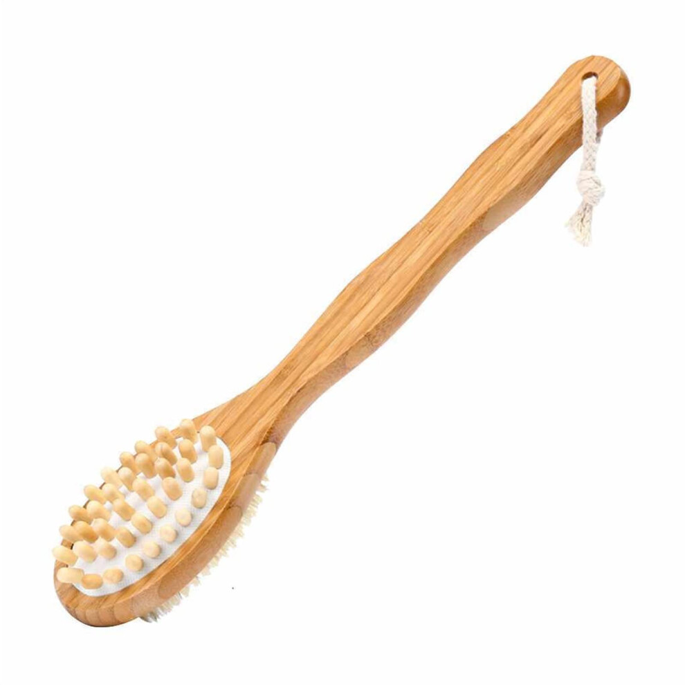 Bath Brush with DualSided Massage Bristles, Long Wooden Handle Body Scrubber for Shower or Dry Use
