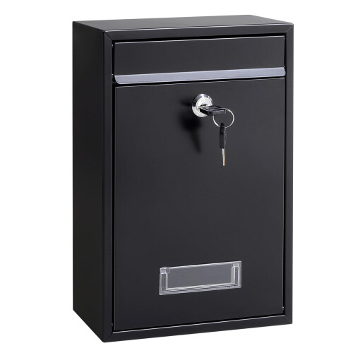 Locking Wall Mounted Mailbox with Key, Rust Proof Steel, Weatherproof, Medium Capacity, Black