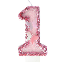 Pink Butterfly Birthday Candle and Glitter Number 1 Cake Topper for Girls Birthday Party