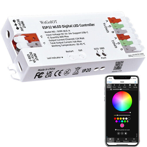 ESP32 WLED WiFi LED Strip Controller for WS2812B RGB, 16A  Current, 100+ Lighting Modes