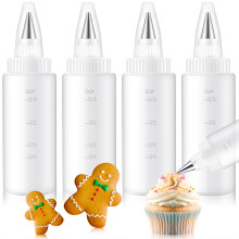 4 Pcs Cookie Icing Bottles with Stainless Steel Tips, 4 oz Cake Decorating Squeeze Bottles, Reusable Plastic for Frosting and Food Coloring
