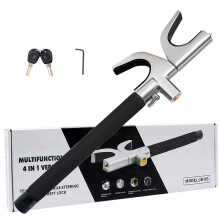 4in1 Steering Wheel Lock with LED Flashlight, Seat Belt Cutter, Window Breaker, AntiTheft for Car SUV Truck Van Adjustable Retractable