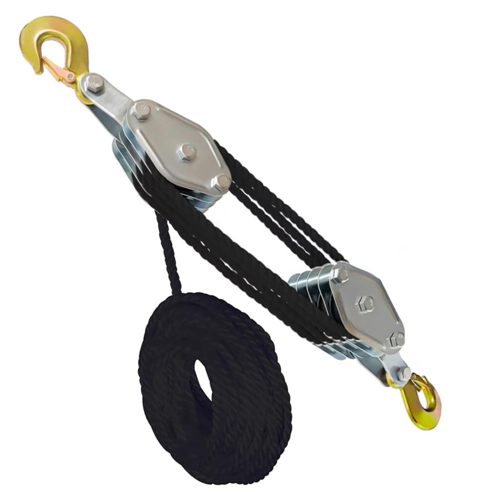Heavy Duty Rope Hoist Pulley System 8:1 Lifting Power 2200Lbs Load 65Ft 3/8In Rope With Safety Hooks 9189345616051