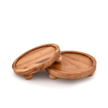 Set of 2 Natural Acacia Wooden Display Stand Round Risers for Kitchen Bathroom and Home Decor